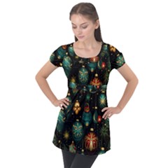 Christmas Ornaments Pattern Puff Sleeve Tunic Top by Ravend