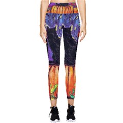 Halloween Art Starry Night Hallows Eve Black Cat Pumpkin Pocket Leggings  by Modalart