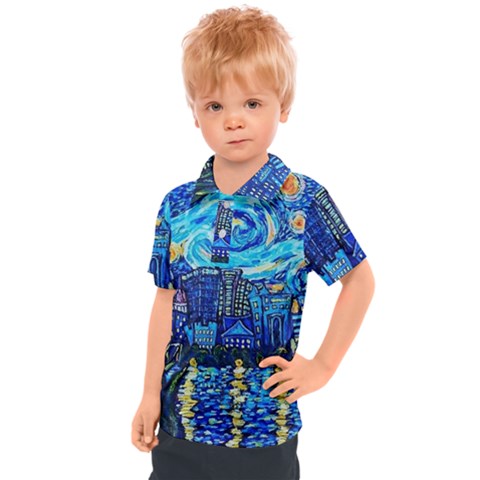 Starry Night Van Gogh Painting Art City Scape Kids  Polo T-shirt by Modalart