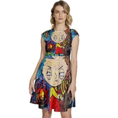 Cartoon Starry Night Vincent Van Gogh Cap Sleeve High Waist Dress by Modalart