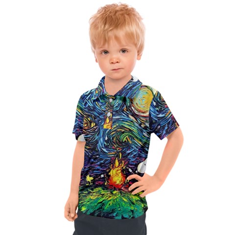 Dog Cartoon Starry Night Print Van Gogh Parody Kids  Polo T-shirt by Modalart