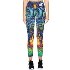 Dog Cartoon Starry Night Print Van Gogh Parody Pocket Leggings  by Modalart