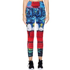 Red House Dog Cartoon Starry Night Pocket Leggings  by Modalart