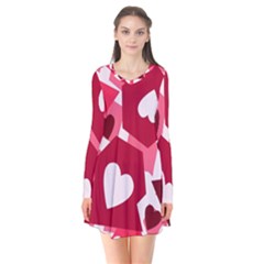 Pink Hearts Pattern Love Shape Long Sleeve V-neck Flare Dress by Pakjumat