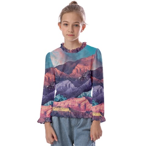 Adventure Psychedelic Mountain Kids  Frill Detail T-shirt by Modalart