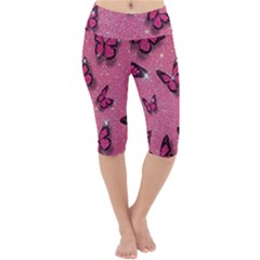 Pink Glitter Butterfly Lightweight Velour Cropped Yoga Leggings by Modalart