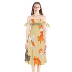 Gold Fish Seamless Pattern Background Shoulder Tie Bardot Midi Dress by Bedest