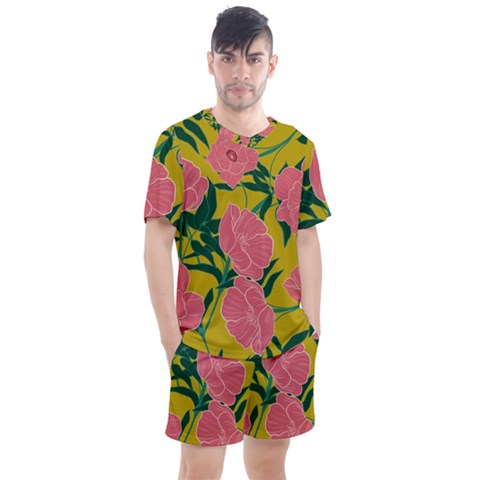 Pink Flower Seamless Pattern Men s Mesh T-shirt And Shorts Set by Bedest