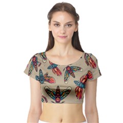 Tattoos Colorful Seamless Pattern Short Sleeve Crop Top by Bedest