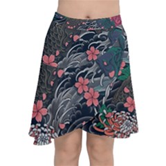 Japanese Wave Koi Illustration Seamless Pattern Chiffon Wrap Front Skirt by Bedest