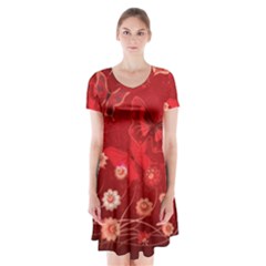 Four Red Butterflies With Flower Illustration Butterfly Flowers Short Sleeve V-neck Flare Dress by Pakjumat