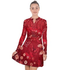 Four Red Butterflies With Flower Illustration Butterfly Flowers Long Sleeve Panel Dress by Pakjumat