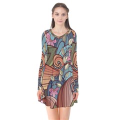 Multicolored Flower Decor Flowers Patterns Leaves Colorful Long Sleeve V-neck Flare Dress by Pakjumat