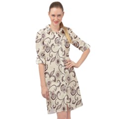 White And Brown Floral Wallpaper Flowers Background Pattern Long Sleeve Mini Shirt Dress by Pakjumat