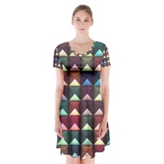 Diamond Geometric Square Design Pattern Short Sleeve V-neck Flare Dress by Pakjumat