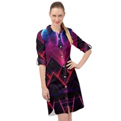 Synthwave City Retrowave Wave Long Sleeve Mini Shirt Dress by Pakjumat