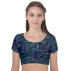 Abstract Blue Wave Texture Patten Velvet Short Sleeve Crop Top  by Pakjumat