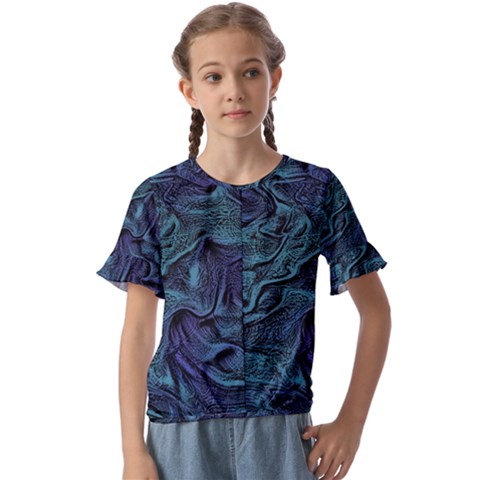 Abstract Blue Wave Texture Patten Kids  Cuff Sleeve Scrunch Bottom T-shirt by Pakjumat