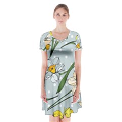 Narcissus Floral Botanical Flowers Short Sleeve V-neck Flare Dress by Pakjumat