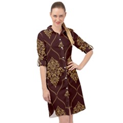 Vector Gold Ornament Pattern Seamless Damask Long Sleeve Mini Shirt Dress by Pakjumat