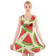 Cute Watermelon Seamless Pattern V-neck Sleeveless Dress by Pakjumat