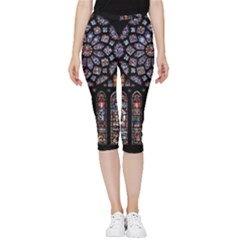 Chartres Cathedral Notre Dame De Paris Stained Glass Inside Out Lightweight Velour Capri Leggings  by Maspions