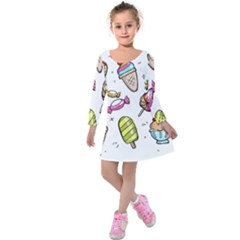 Doodle Cartoon Drawn Cone Food Kids  Long Sleeve Velvet Dress by Hannah976