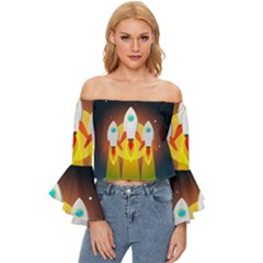 Rocket Take Off Missiles Cosmos Off Shoulder Flutter Bell Sleeve Top by Sarkoni