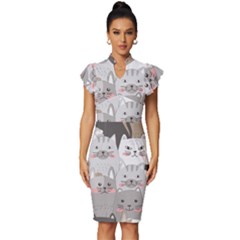 Cute Cats Seamless Pattern Vintage Frill Sleeve V-neck Bodycon Dress by Sarkoni