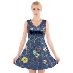 Cat Cosmos Cosmonaut Rocket V-neck Sleeveless Dress by Grandong