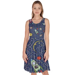 Cat Cosmos Cosmonaut Rocket Knee Length Skater Dress With Pockets by Grandong