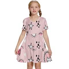 Cartoon Cute Valentines Day Doodle Heart Love Flower Seamless Pattern Vector Kids  Short Sleeve Tiered Mini Dress by Apen