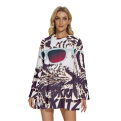 Krazy Katz 3d Tiger Roar Animal Round Neck Long Sleeve Bohemian Style Chiffon Mini Dress by Sarkoni