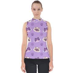 Cute Colorful Cat Kitten With Paw Yarn Ball Seamless Pattern Mock Neck Shell Top by Bedest