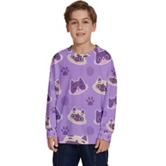 Cute Colorful Cat Kitten With Paw Yarn Ball Seamless Pattern Kids  Crewneck Sweatshirt by Bedest