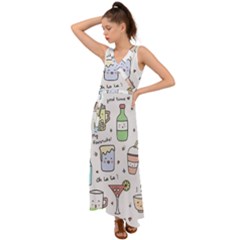 Drinks Cocktails Doodles Coffee V-neck Chiffon Maxi Dress by Apen