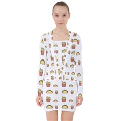 Fries Taco Pattern Fast Food V-neck Bodycon Long Sleeve Dress by Apen