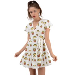 Fries Taco Pattern Fast Food Flutter Sleeve Wrap Dress by Apen