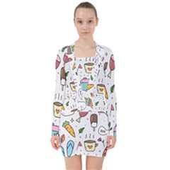 Doodle Fun Food Drawing Cute V-neck Bodycon Long Sleeve Dress by Apen