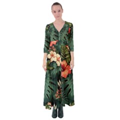 Flowers Monstera Foliage Tropical Button Up Maxi Dress by Ravend