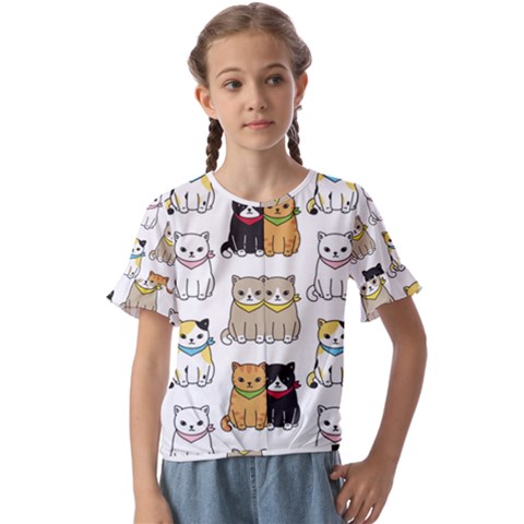 Cat Kitten Seamless Pattern Kids  Cuff Sleeve Scrunch Bottom T-shirt by Grandong