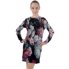 Floral Pattern, Red, Floral Print, E, Dark, Flowers Long Sleeve Hoodie Dress