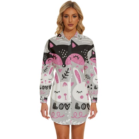 Big Set With Cute Cartoon Animals Bear Panda Bunny Penguin Cat Fox Womens Long Sleeve Shirt Dress by Bedest