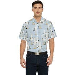 Cute Seagulls Seamless Pattern Light Blue Background Men s Short Sleeve Pocket Shirt  by Bedest