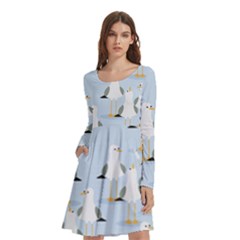 Cute Seagulls Seamless Pattern Light Blue Background Long Sleeve Knee Length Skater Dress With Pockets by Bedest