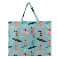 Beach Surfing Surfers With Surfboards Surfer Rides Wave Summer Outdoors Surfboards Seamless Pattern Zipper Large Tote Bag by Bedest