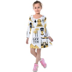 Egypt Symbols Decorative Icons Set Kids  Long Sleeve Velvet Dress by Bedest