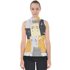 Seamless Pattern Cute Cat Cartoons Mock Neck Shell Top by Bedest