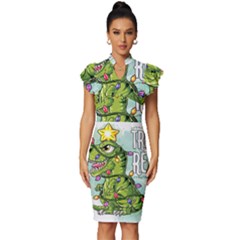 Dinosaur T-rex Dino Tyrannasaurus Vintage Frill Sleeve V-neck Bodycon Dress by Sarkoni