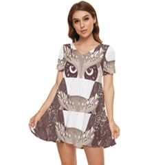 Owl Bird Feathers Tiered Short Sleeve Babydoll Dress by Sarkoni